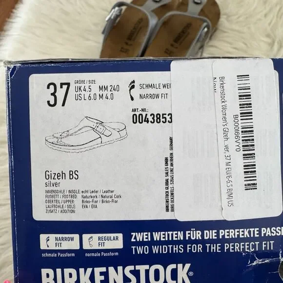 Birkenstock Gizeh Thong Sandals Leather Birko-Flor Silver Women’s EU37 NEW BOX - Picture 14 of 15